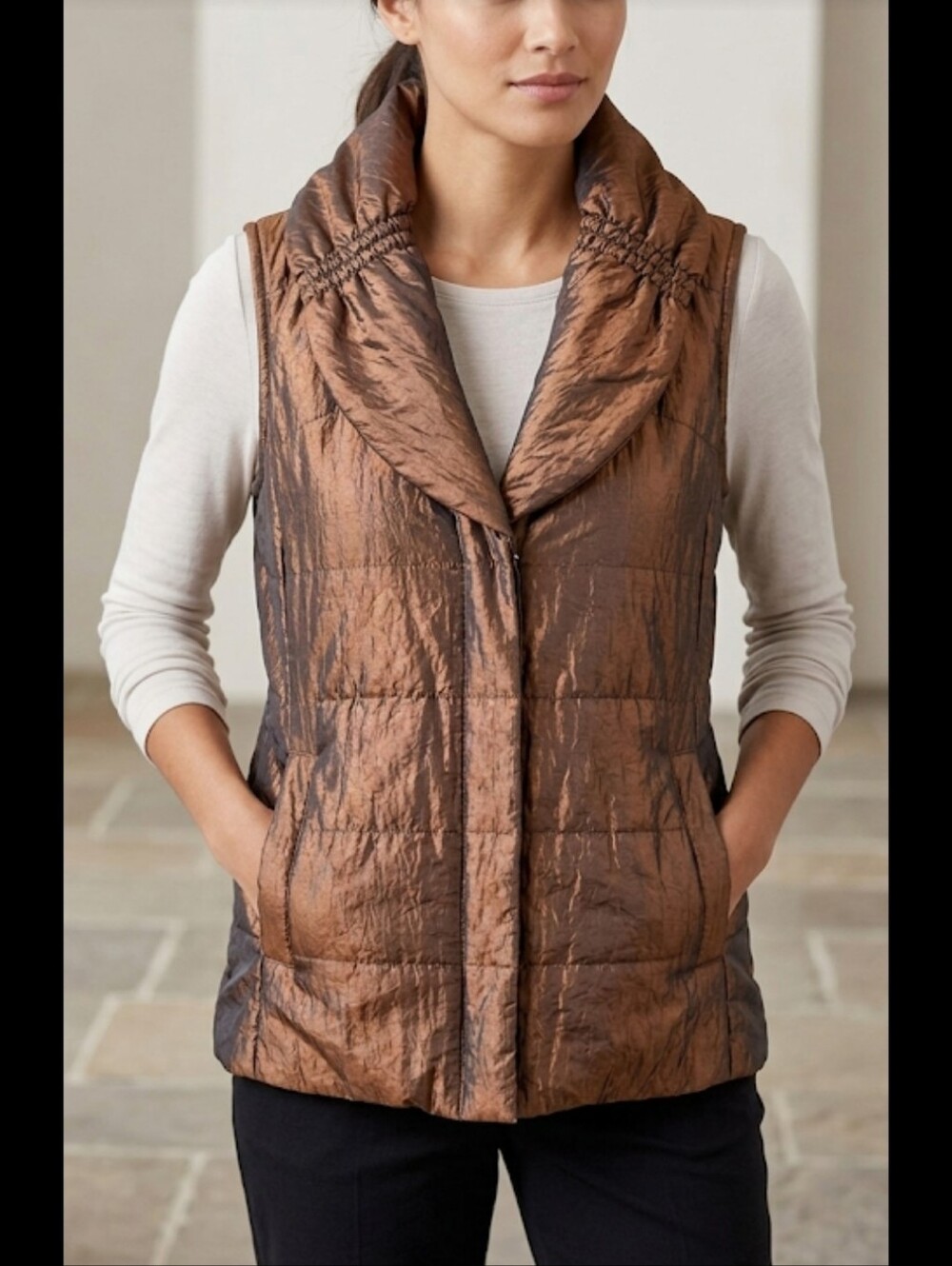 Bronze Padded Vest M Shiny Coldwater Creek Outerwear